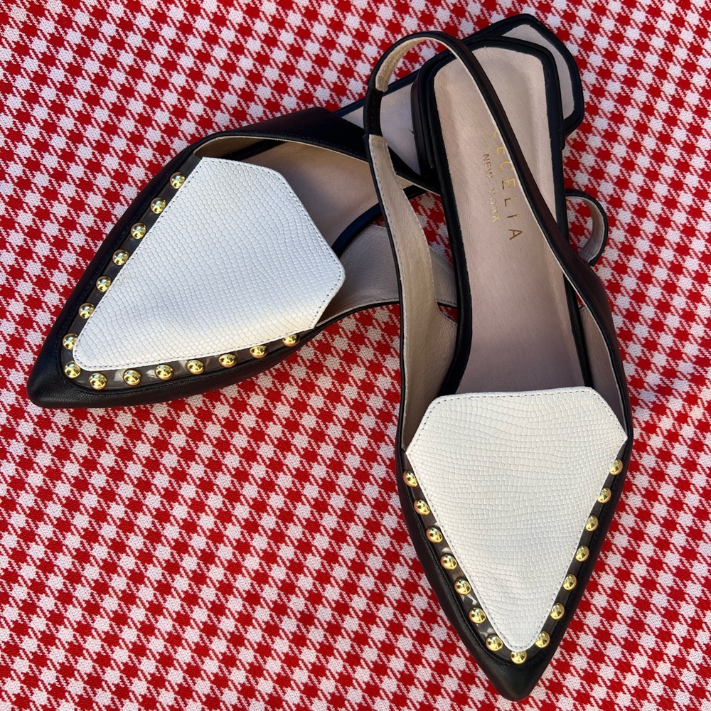 Cecelia New York Cleo Studded Slingback Flats Black & White Leather, Size 7.5